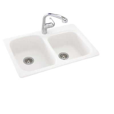 Drop-In/Undermount Solid Surface 33 in. 1-Hole 55/45 Double Bowl Kitchen Sink in White - Super Arbor