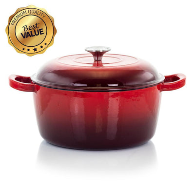MegaChef 5 Qt. Round Enameled Cast Iron Casserole in Red with Lid - Super Arbor