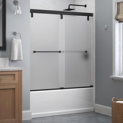 Everly 60 in. x 59-1/4 in. Mod Semi-Frameless Sliding Bathtub Door in Matte Black and 1/4 in. (6mm) Niebla Glass - Super Arbor