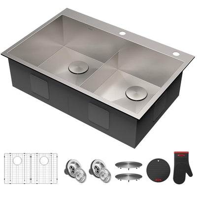 Pax Drop-In Stainless Steel 33 in. 2-Hole 50/50 Double Bowl Kitchen Sink - Super Arbor