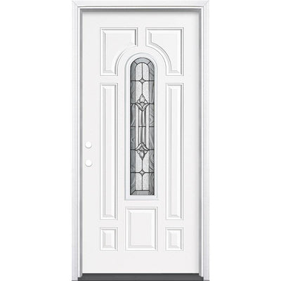 36 in. x 80 in. Providence Center Arch Primed White Right-Hand Inswing Steel Prehung Front Exterior Door with Brickmold - Super Arbor