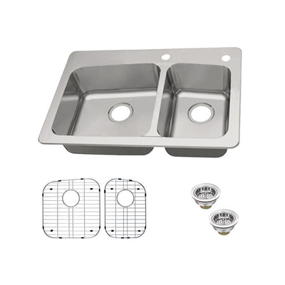 Dual Mount 18-Gauge Stainless Steel 33 in. 2-Hole 60/40 Double Bowl Kitchen Sink with Grid and Drain Assemblies - Super Arbor
