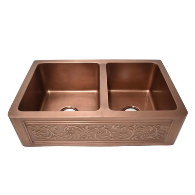 Versailles Farmhouse 33 in. 55/45 Double Bowl Kitchen Sink in Pure Copper with Bottom Grid - Super Arbor