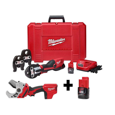 M12 12-Volt Lithium-Ion Force Logic Cordless Press Tool Kit (3 Jaws Included) with M12 PVC Pipe Shear and Extra Battery - Super Arbor