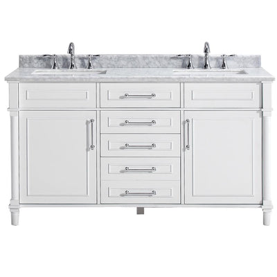 Aberdeen 60 in. W Double Vanity in White with Carrara Marble Top with White Sinks - Super Arbor