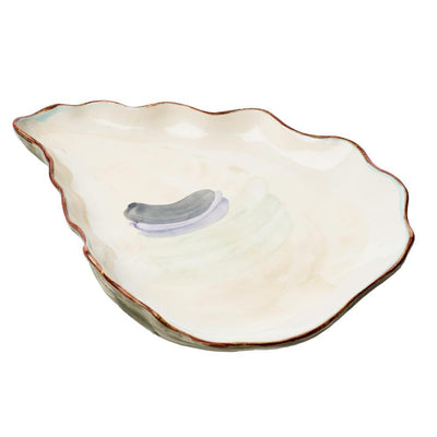 16.5 in. L x 11.75 in. W x 2 in. H Seaside Ivory and Lavender Ceramic Oyster Plate Large (Set of 2) - Super Arbor