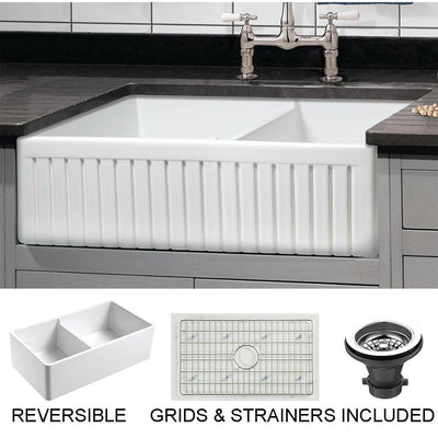 Sutton Place Farmhouse Fireclay 33 in. 55/45 Double Bowl Kitchen Sink with Grid with Grid and Strainer - Super Arbor