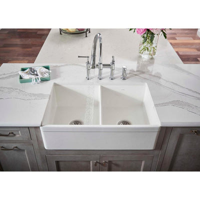 Explore Farmhouse Apron Front Fireclay 33 in. Double Bowl Kitchen Sink in White - Super Arbor