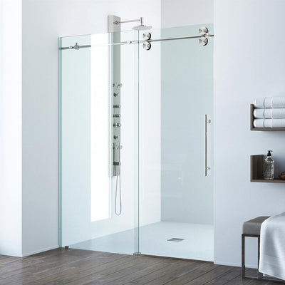 Elan 52 to 56 in. x 74 in. Frameless Sliding Shower Door in Stainless Steel with Clear Glass and Handle - Super Arbor