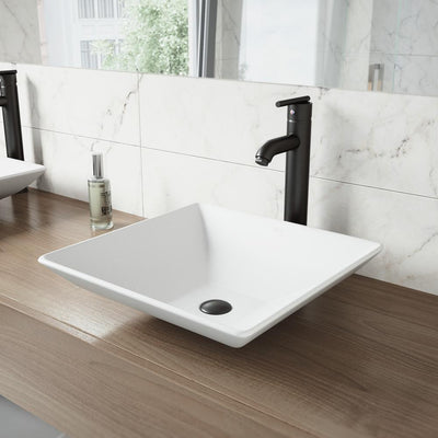 Hibiscus White Matte Stone Vessel Bathroom Sink and Seville Bathroom Vessel Faucet in Matte Black - Super Arbor