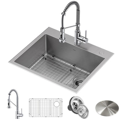 Loften All-in-One Dual Mount Drop-In Stainless Steel 25in. Single Bowl Kitchen Sink with Pull Down Faucet in Chrome - Super Arbor