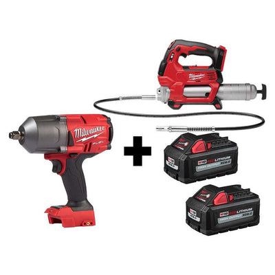 M18 FUEL 18-Volt 1/2 in. Lithium-Ion Brushless Cordless Impact Wrench with Friction Ring & Grease Gun with Two Batteries - Super Arbor