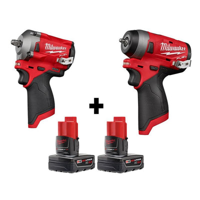 M12 FUEL 12-Volt Lithium-Ion Brushless Cordless Stubby 3/8 in. and 1/4 in. Impact Wrenches with two 3.0 Ah Batteries - Super Arbor