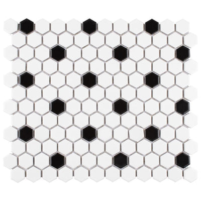 Merola Tile Metro Hex Matte White with Black Dot 10-1/4"x11-7/8" x 6mm Porcelain Mosaic Tile (8.65 sq. ft. / Case) - Super Arbor