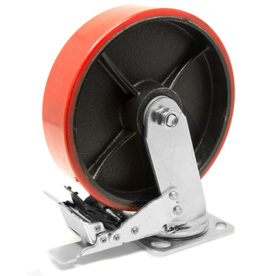 6 in. 880 lbs. Capacity Cast Iron and Polyurethane Double-Bearing Swivel Plate Caster with Brake - Super Arbor