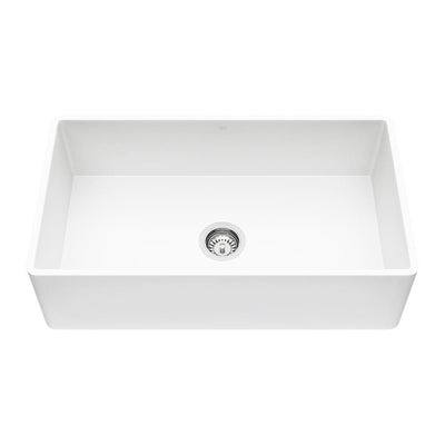 Matte Stone White Composite 33 in. Single Bowl Reversible Flat Farmhouse Apron-Front Kitchen Sink with Strainer - Super Arbor