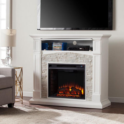 Conway 45.75 in. Electric Fireplace TV Stand in White with White Faux Stone - Super Arbor