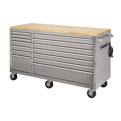 62 in. 14-Drawer 24 in. Deep Stainless Steel Mobile Workbench with Solid Wood Top
