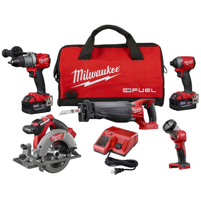 M18 FUEL 18-Volt Lithium-Ion Brushless Cordless Combo Kit (5-Tool) W/ (2) 5.0 Ah Batteries, (1) Charger, (1) Tool Bag - Super Arbor