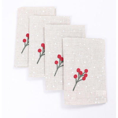 20 in. x 20 in. Holly Berry Branch Crewel Embroidered Christmas Napkins (Set of 4), Linen Blend - Super Arbor
