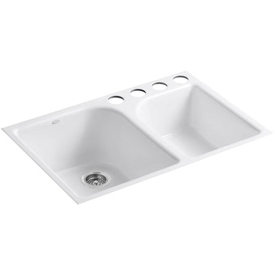 Executive Chef Undermount Cast Iron 33 in. 4-Hole Double Basin Kitchen Sink in White with Basin Rack - Super Arbor