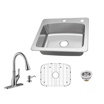 All-in-One Dual Mount 18-Gauge Stainless Steel 25 in. 2-Hole Single Bowl Kitchen Sink with Pull-Out Kitchen Faucet - Super Arbor