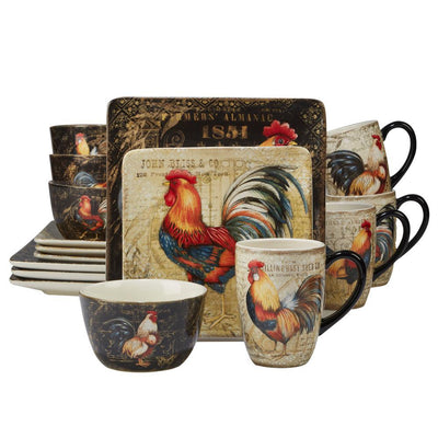 Gilded Rooster 16-Piece Traditional Multi-Colored Ceramic Dinnerware Set (Service for 4) - Super Arbor