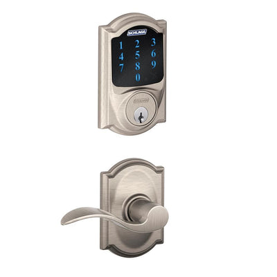 Camelot Satin Nickel Connect Smart Door Lock with Alarm and Accent Door Lever - Super Arbor