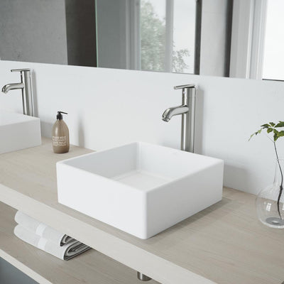 Dianthus White Matte Stone Vessel Bathroom Sink and Seville Bathroom Vessel Faucet in Brushed Nickel - Super Arbor