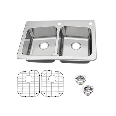 Dual Mount 18-Gauge Stainless Steel 33 in. 2-Hole 50/50 Double Bowl Kitchen Sink with Grid and Drain Assemblies - Super Arbor