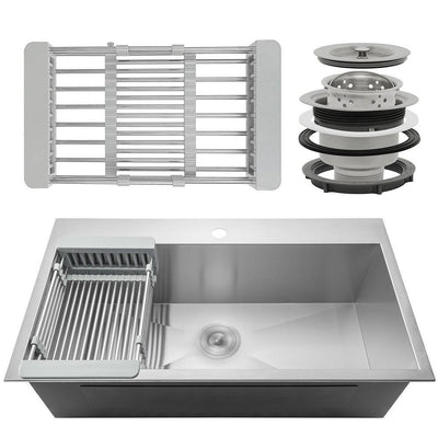 Handmade Drop-in Stainless Steel 33 in. x 22 in. Single Bowl Kitchen Sink with Drying Rack - Super Arbor
