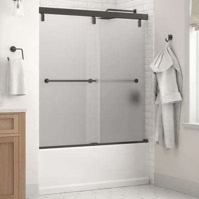 Lyndall 60 x 59-1/4 in. Frameless Mod Soft-Close Sliding Bathtub Door in Bronze with 1/4 in. (6mm) Niebla Glass - Super Arbor