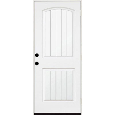 32 in. x 80 in. Premium 2-Panel Plank Primed White Steel Prehung Front Door with 32 in. Left-Hand Outswing & 4 in. Wall - Super Arbor