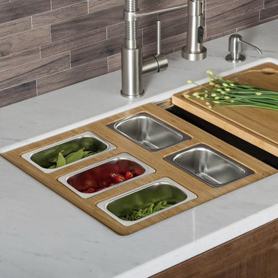 16.75 in. Workstation Kitchen Sink Composite Serving Board Set with Rectangular Stainless Steel Bowls - Super Arbor