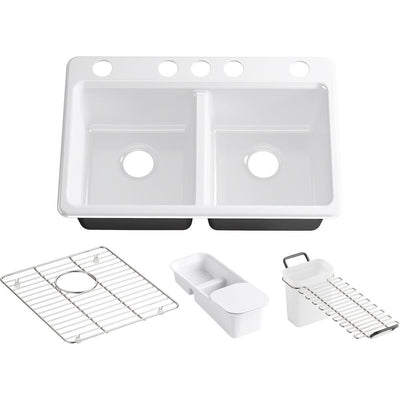 Riverby Undermount Cast Iron 33 in. 5-Hole Double Bowl Kitchen Sink Kit in White with Accessories - Super Arbor