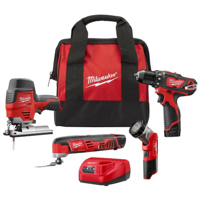 M12 12-Volt Lithium-Ion Cordless Combo Tool Kit (4-Tool) with Two 1.5 Ah Batteries, 1 Charger, 1 Tool Bag - Super Arbor