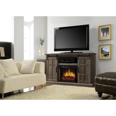 Colton 55 in. W Freestanding Infrared Electric Fireplace TV Stand with Sliding Door in Aged Oak - Super Arbor