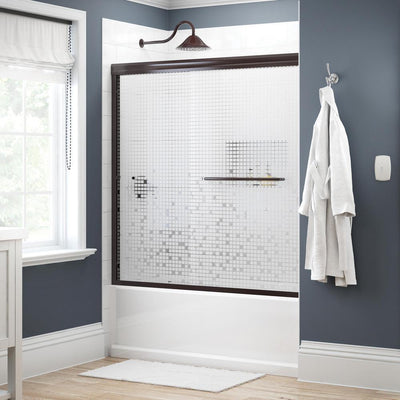 Simplicity 60 in. x 58-1/8 in. Semi-Frameless Traditional Sliding Bathtub Door in Bronze with Mozaic Glass - Super Arbor