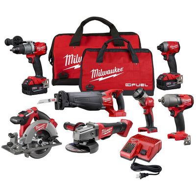 M18 FUEL 18-Volt Lithium-Ion Brushless Cordless Combo Kit (7-Tool) W/ (2) 5.0 Ah Batteries, (1) Charger, (2) Tool Bags - Super Arbor