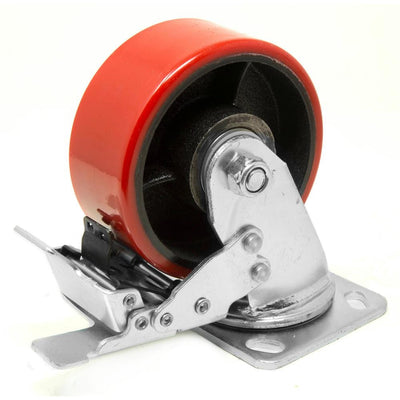 4 in. 530 lbs. Capacity Cast Iron and Polyurethane Double-Bearing Swivel Plate Caster with Brake - Super Arbor