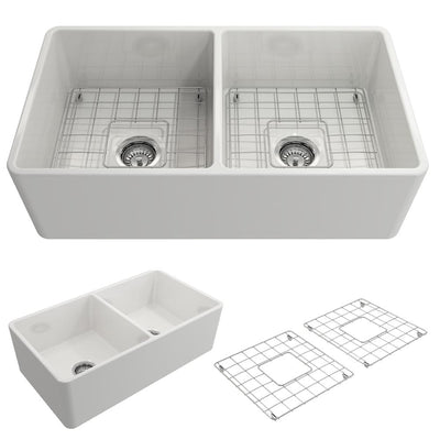 Classico Farmhouse Apron Front Fireclay 33 in. Double Bowl Kitchen Sink with  Bottom Grid and Strainer in White - Super Arbor