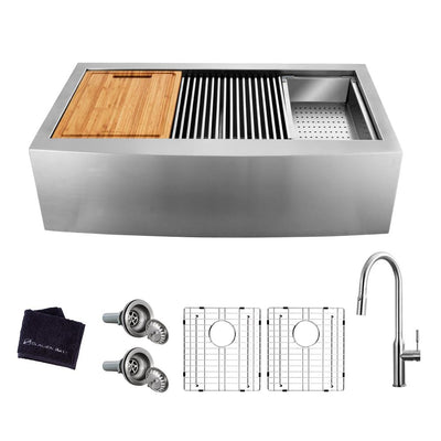 All-in-One Farmhouse Apron-Front Stainless Steel 36 in. 50/50 Double Bowl Workstation Sink with Faucet and Accessories - Super Arbor