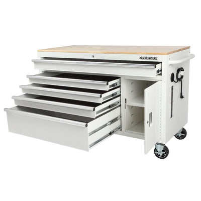 56 in. W x 24.5 in. D Deep 5-Drawer 1-Door Gloss White Deep Tool Chest Mobile Workbench with Hardwood Top