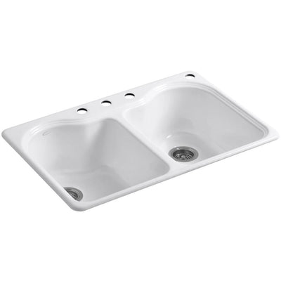 Hartland Drop-In Cast Iron 33 in. 4-Hole Double Bowl Kitchen Sink in White - Super Arbor