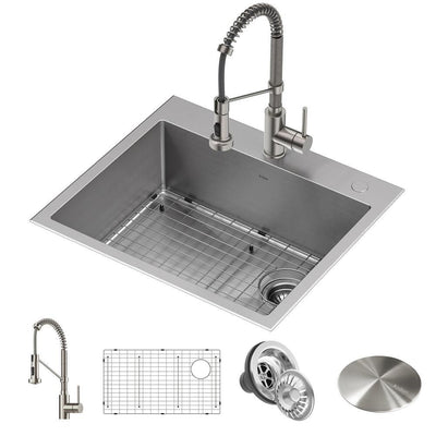 Loften All-in-One Dual Mount Stainless Steel 25in. Single Bowl Kitchen Sink with Pull Down Faucet in Spot Free Stainless - Super Arbor