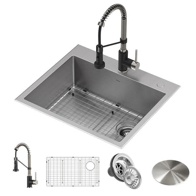 Loften All-in-One Dual Mount Stainless Steel 25in. Single Bowl Kitchen Sink with Pull Down Faucet in Black and Steel - Super Arbor