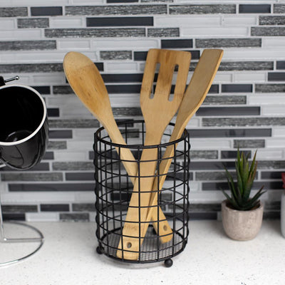 Black Grid Free-Standing Cutlery Holder with Mesh Bottom - Super Arbor