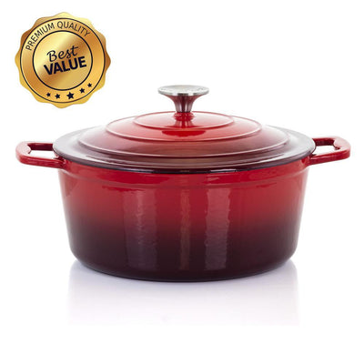 MegaChef 4 Qt. Round Enameled Cast Iron Casserole in Red with Lid - Super Arbor