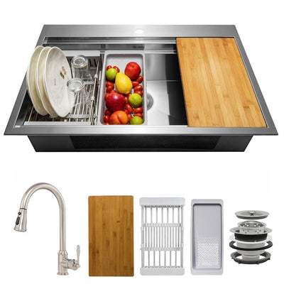 Handmade All-in-One Topmount Stainless Steel 30 in. x 22 in. Single Bowl Kitchen Sink with Pull-down Faucet and Colander - Super Arbor