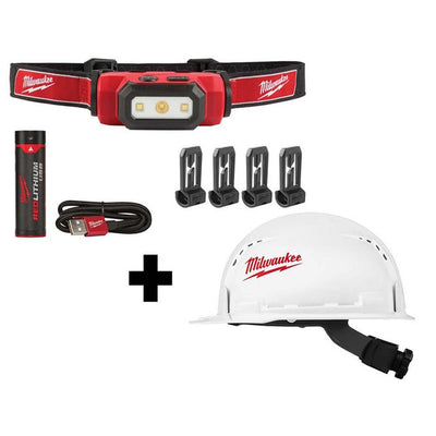 475 Lumens LED Rechargeable Hard Hat Headlamp w/BOLT White Type 1 Class C Front Brim Vented Hard Hat - Super Arbor